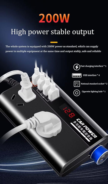 200W On-Board Power Inverter 12/24DC to 110-220V On-Board Inverter 4 USB Ports, with Switch and LED Display