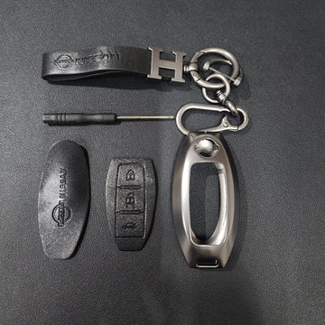 Nissan New Key Luxury Metal Alloy Leather Keycase with Holder & Rope Chain