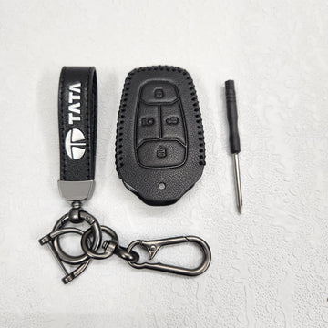 Tata Harrier/Nexon/Safari Luxury Pure Handmade Oilwax Leather Keycase with Logo, Caption, Hook, and Chain