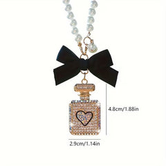 Elegant Black Bow & Pearl Car Hanging Ornament - Sparkling Crystal Perfume Bottle Design, Golden-Tone Metal