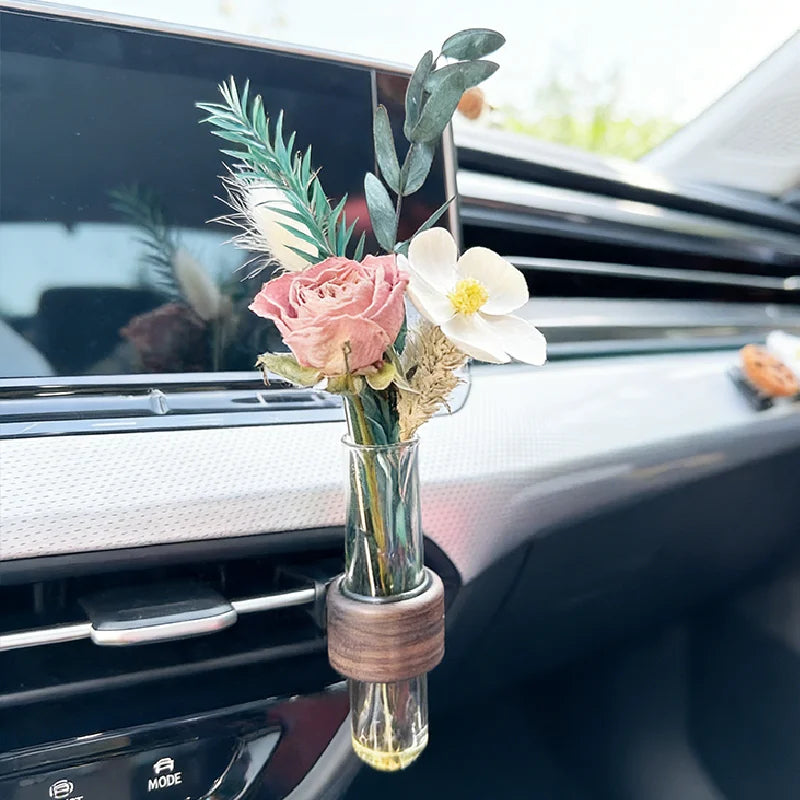 Black Walnut Wood Car Flower Vase Holder Ornaments Wooden Vent Clip 2 Pcs Set
