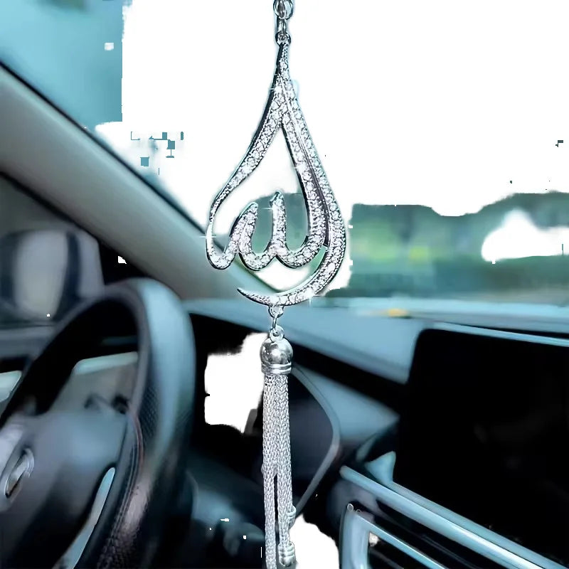 Handmade Islamic Car Hanging, Metal Teardrop Rhinestone Rearview Mirror Ornament
