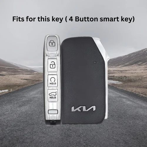 Kia Facelift (Keyless 4 Button Key) Luxury Metal Alloy Leather Keycase with Holder & Rope Chain