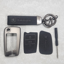 Load image into Gallery viewer, Skoda New Flip Key Metal Alloy Leather Keycase with Holder &amp; Rope Chain