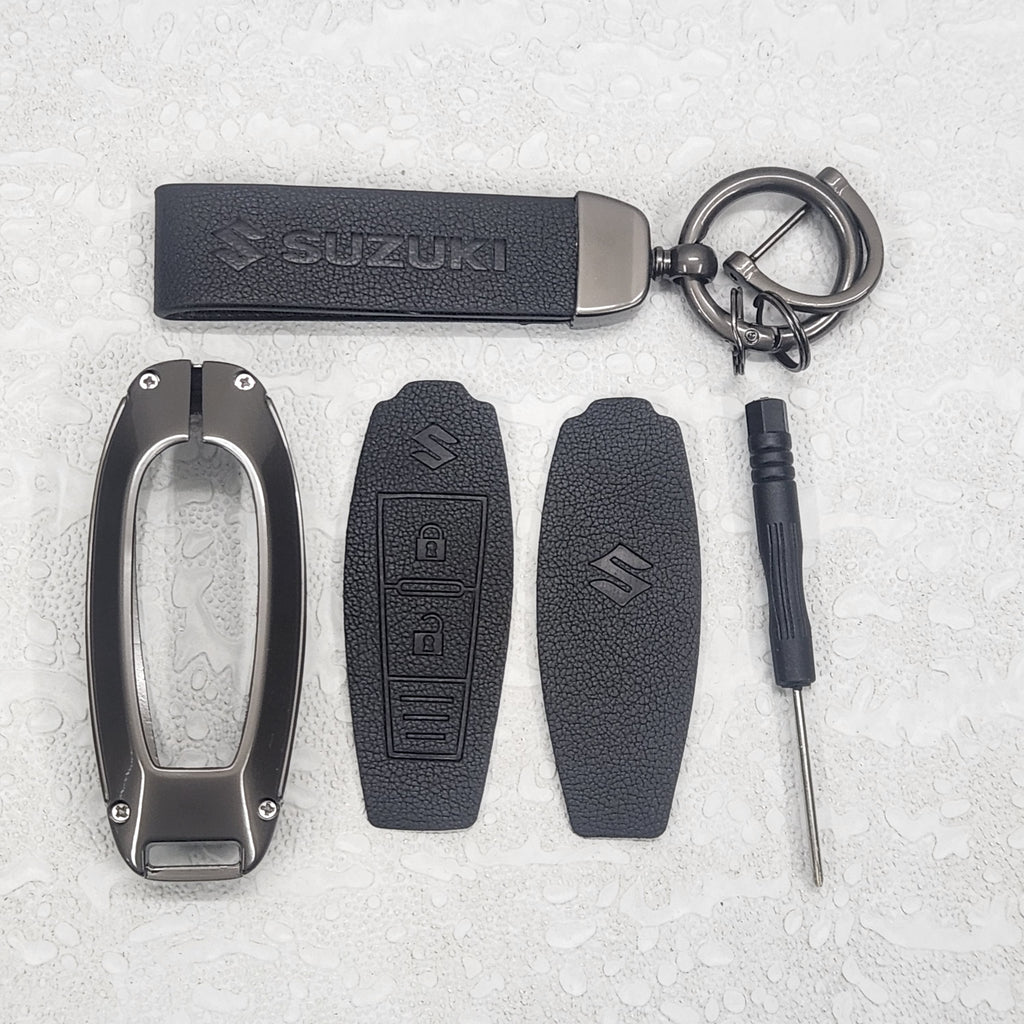 Suzuki 3 Button Key (Ciaz, Baleno, Brezza, S Cross, Ignis) Luxury Metal Alloy Leather Keycase with Holder & Rope Chain
