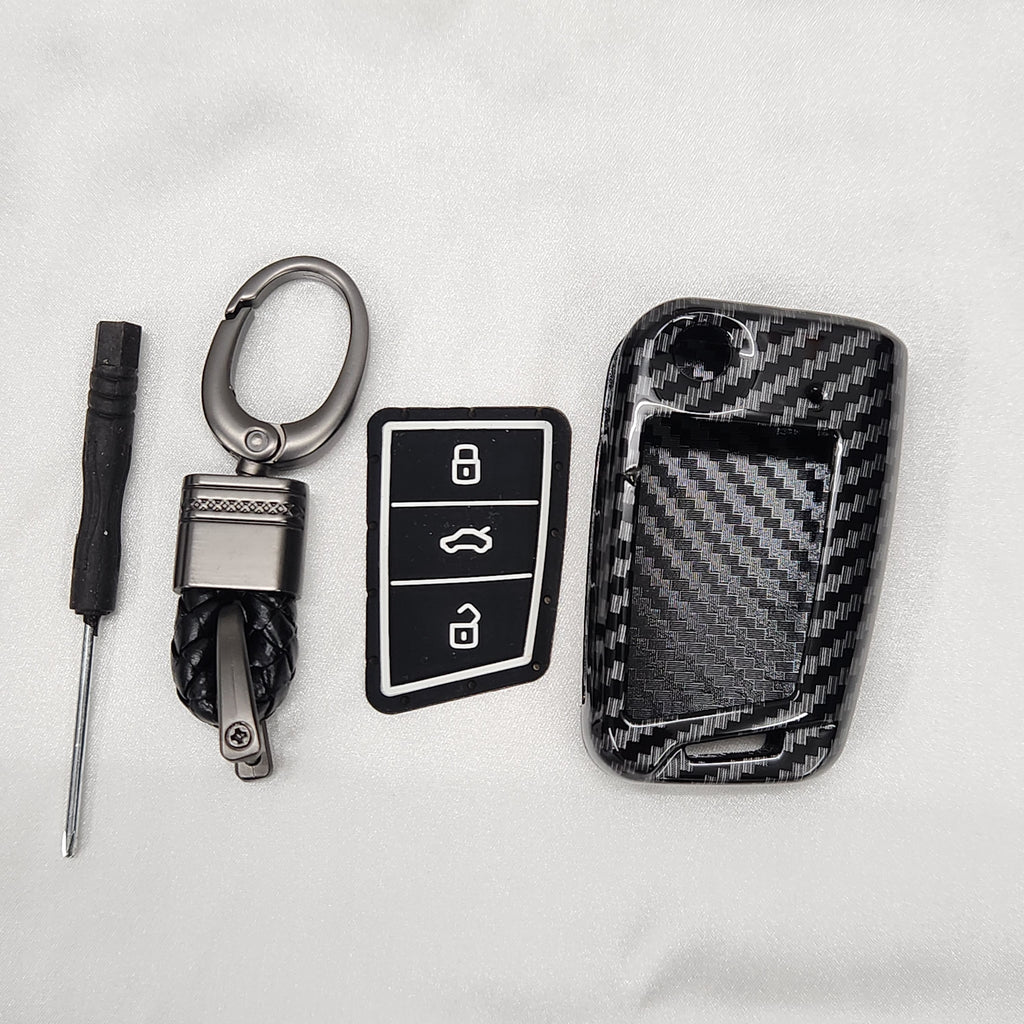 Skoda/Volkswagen New Flip Key Carbon Abs Keycase with Chain