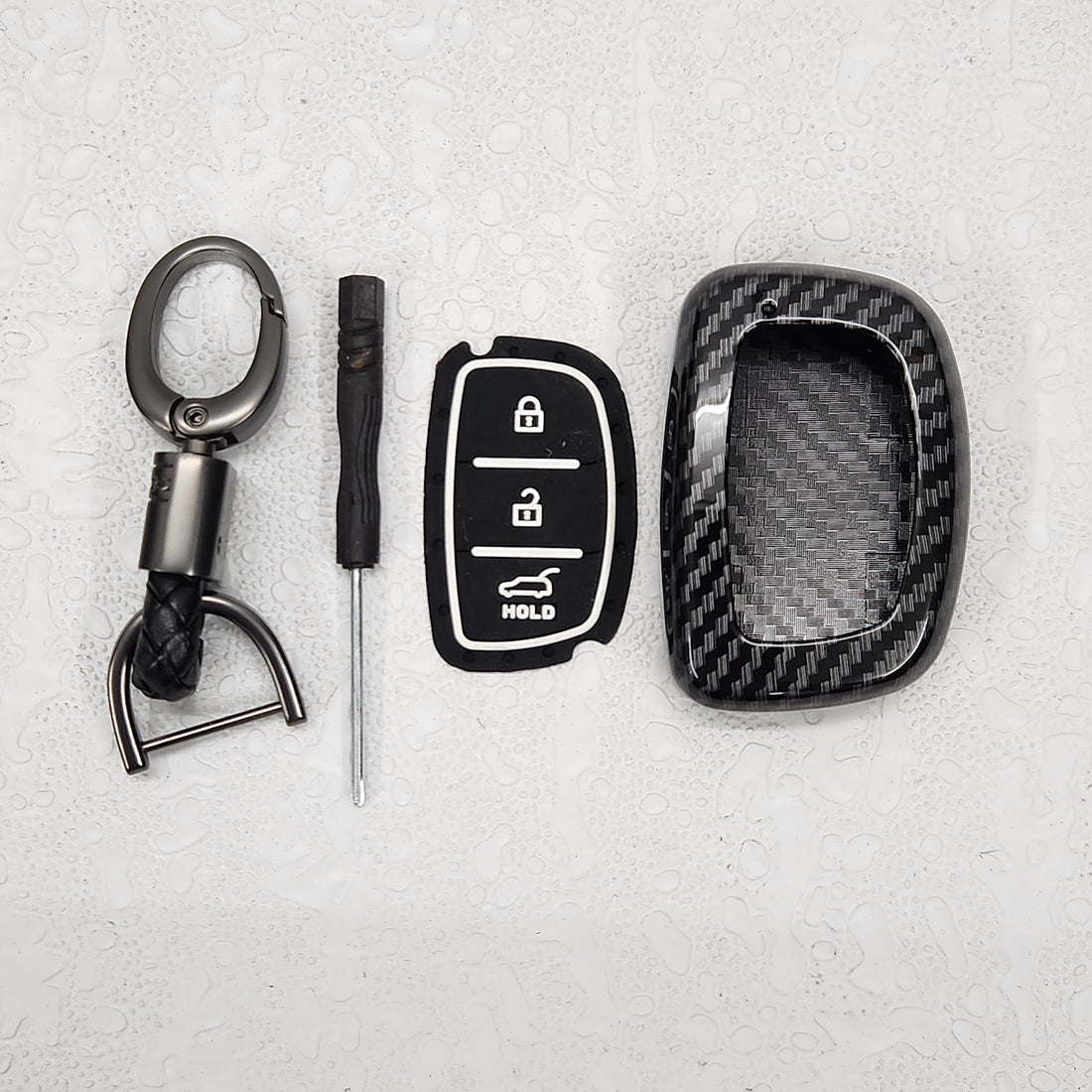 Hyundai Creta/i20/Venue (3 Push Button Key) Carbon Abs Keycase with Chain
