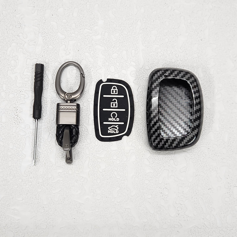 Hyundai Alcazar/Creta/i20 (4 Button Remote Key) Carbon Abs Keycase with Chain