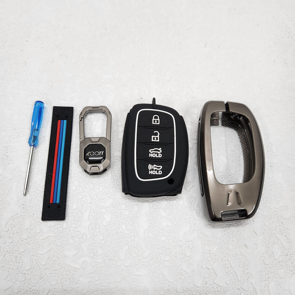 Hyundai i20/Venue/Creta/Alcazar (4 Button Key) Premium Metal Alloy Keycase with Holder & Rope Chain