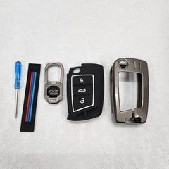 Skoda New FLip Key Premium Metal Alloy Keycase with Holder & Rope Chain