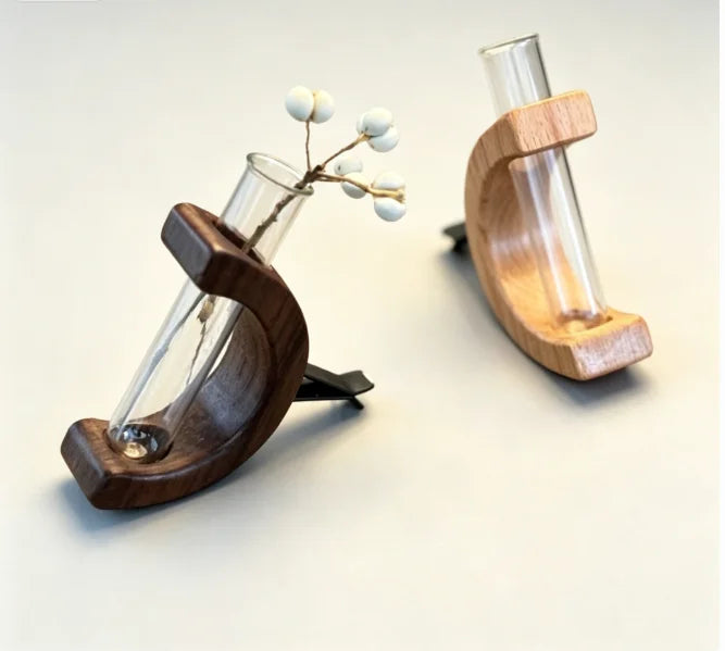 Black Walnut Wood Car Flower Vase Holder Ornaments Wooden Vent Clip 2 Pcs Set
