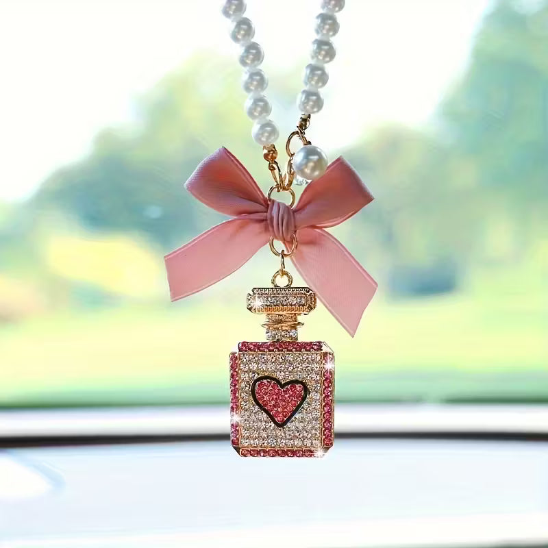 Elegant Black Bow & Pearl Car Hanging Ornament - Sparkling Crystal Perfume Bottle Design, Golden-Tone Metal