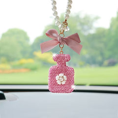 Elegant Black Bow & Pearl Car Hanging Ornament - Sparkling Crystal Perfume Bottle Design, Golden-Tone Metal