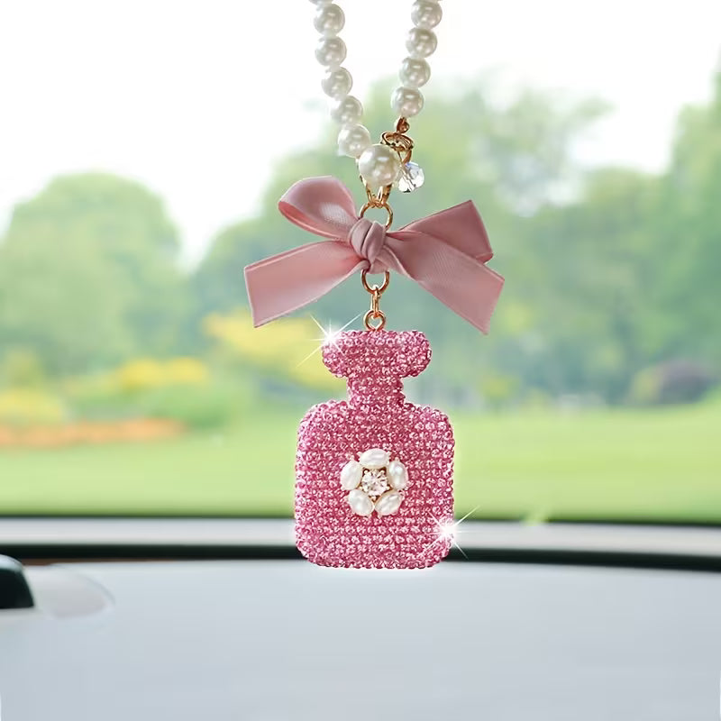 Elegant Black Bow & Pearl Car Hanging Ornament - Sparkling Crystal Perfume Bottle Design, Golden-Tone Metal