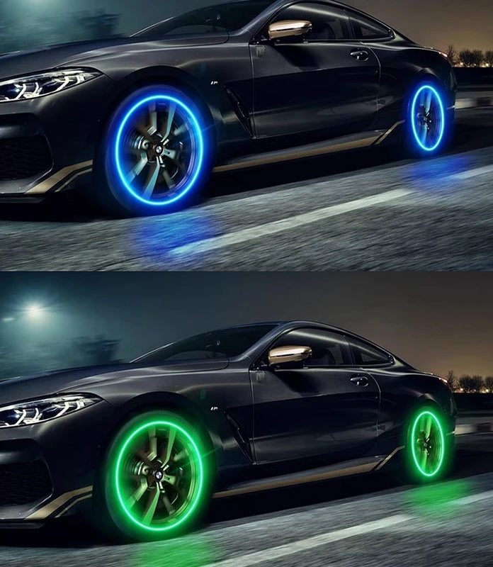 4 Pcs Set Glowing Tyre Valve Cover Red/Blue/Green Changing Color Light Glowing at Night Battery Included
