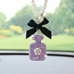 Elegant Black Bow & Pearl Car Hanging Ornament - Sparkling Crystal Perfume Bottle Design, Golden-Tone Metal