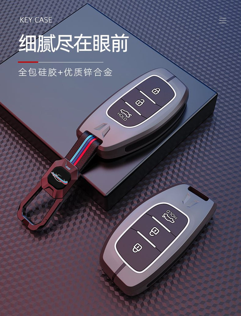 Hyundai Creta/i20/Venue/Aura (3 Button Keyless Push Button Key) Premium Metal Alloy Keycase with Holder & Rope Chain