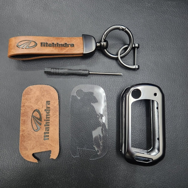 Mahindra XUV700/Scorpio/XUV300 New Flip Key Luxury Metal Alloy Leather Keycase with Holder & Rope Chain