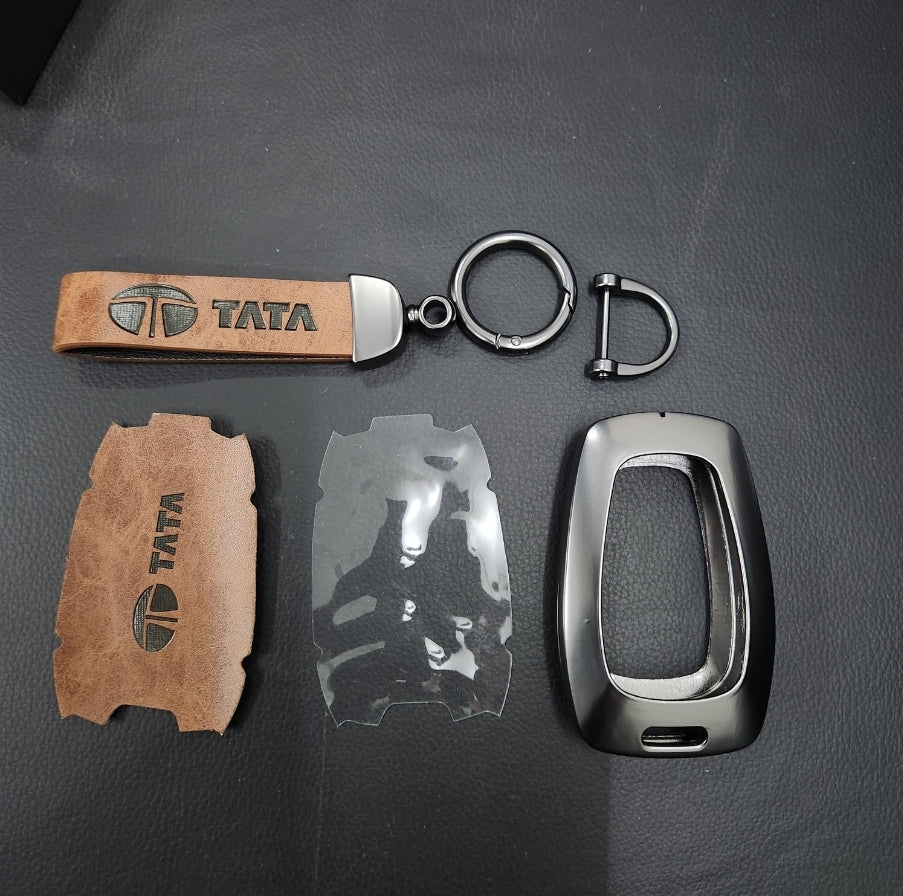 Tata Harrier/Nexon/Safari/Altroz New Key Luxury Metal Alloy Leather Keycase with Holder & Rope Chain