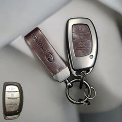 Hyundai Creta/Venue/i20 (4 Button Key) Metal Alloy Leather Keycase with Holder & Rope Chain