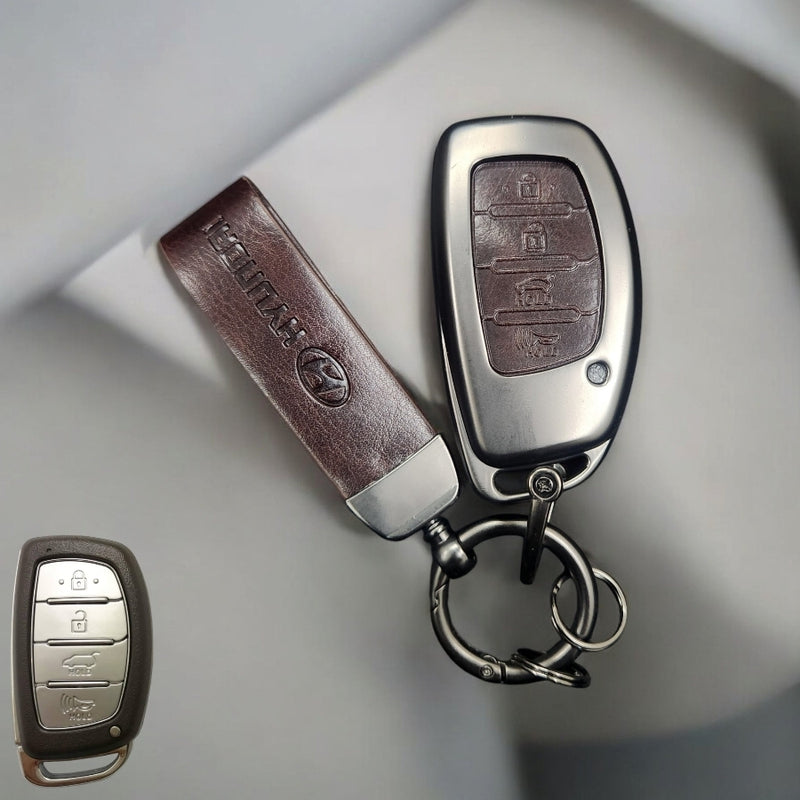 Hyundai Creta/Venue/i20 (4 Button Key) Metal Alloy Leather Keycase with Holder & Rope Chain