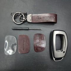 Hyundai Creta/Venue/i20 (4 Button Key) Metal Alloy Leather Keycase with Holder & Rope Chain