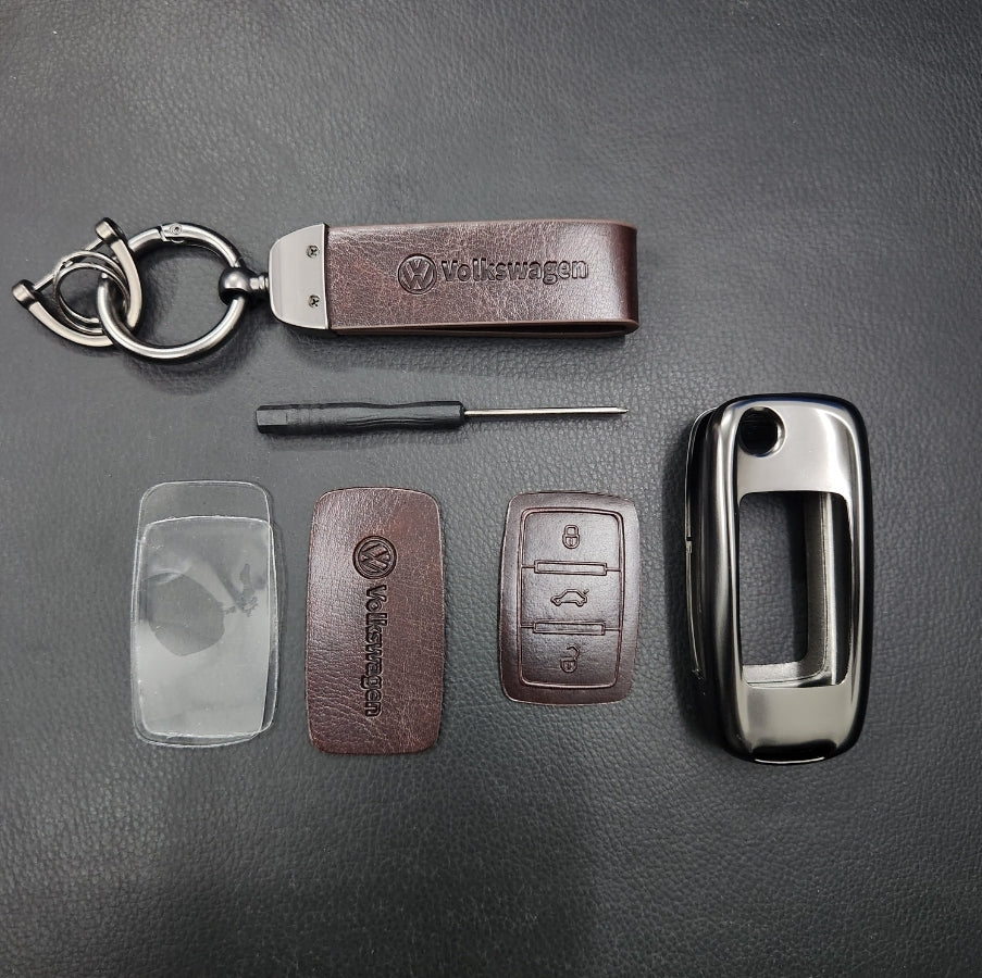 Volkswagen Old Flip Key Metal Alloy Leather Keycase with Holder & Rope Chain