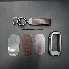 Kia Facelift (Keyless 4 Button Key) Luxury Metal Alloy Leather Keycase with Holder & Rope Chain