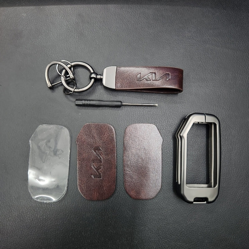 Kia Facelift (Keyless 4 Button Key) Luxury Metal Alloy Leather Keycase with Holder & Rope Chain