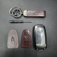 Ford (3 Button) New Key Luxury Metal Alloy Leather Keycase with Holder & Rope Chain