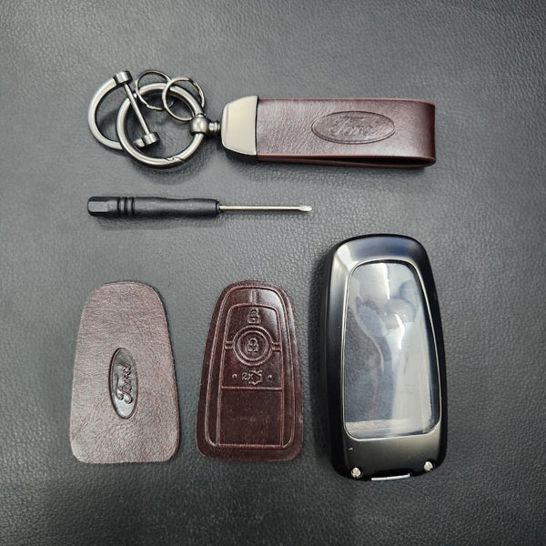 Ford (3 Button) New Key Luxury Metal Alloy Leather Keycase with Holder & Rope Chain