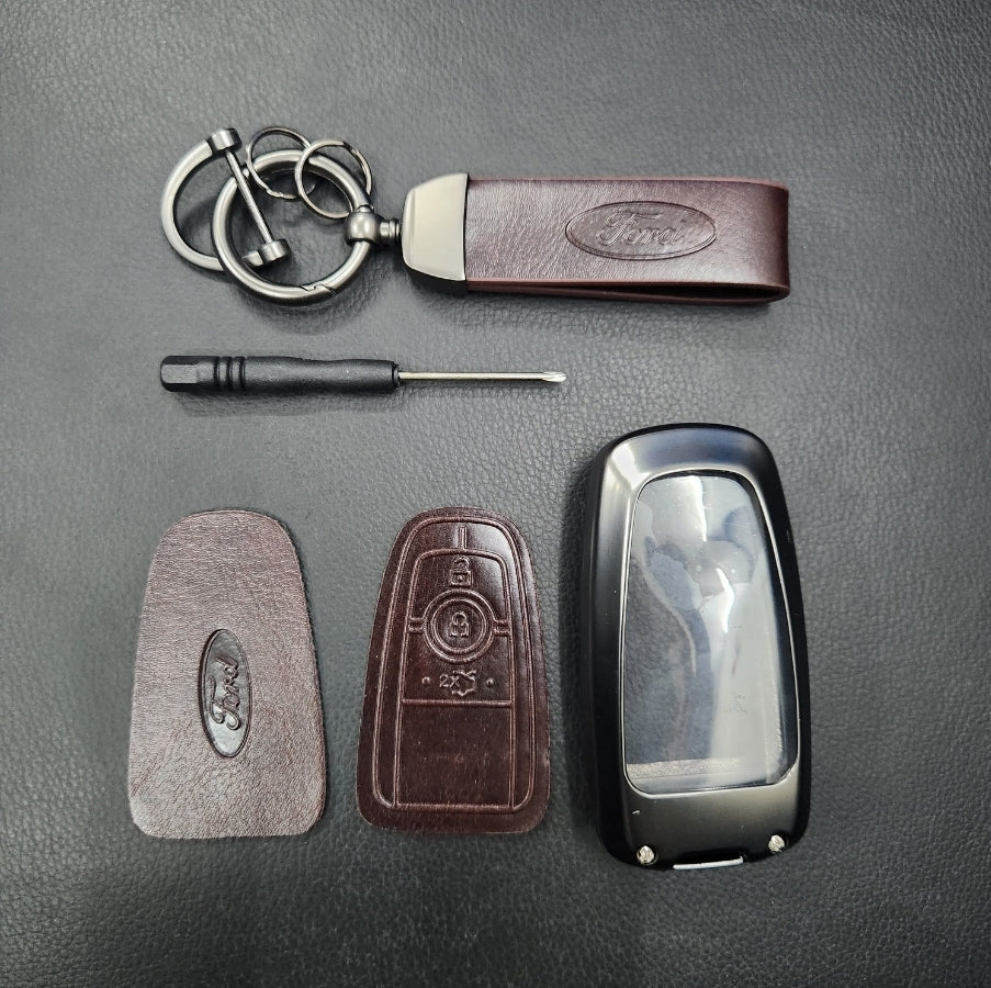 Ford (3 Button) New Key Luxury Metal Alloy Leather Keycase with Holder & Rope Chain