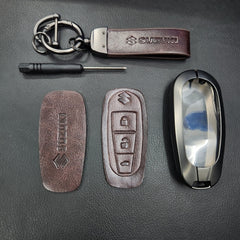 Suzuki 3 Button Key (Ciaz, Baleno, Brezza, S Cross, Ignis) Luxury Metal Alloy Leather Keycase with Holder & Rope Chain