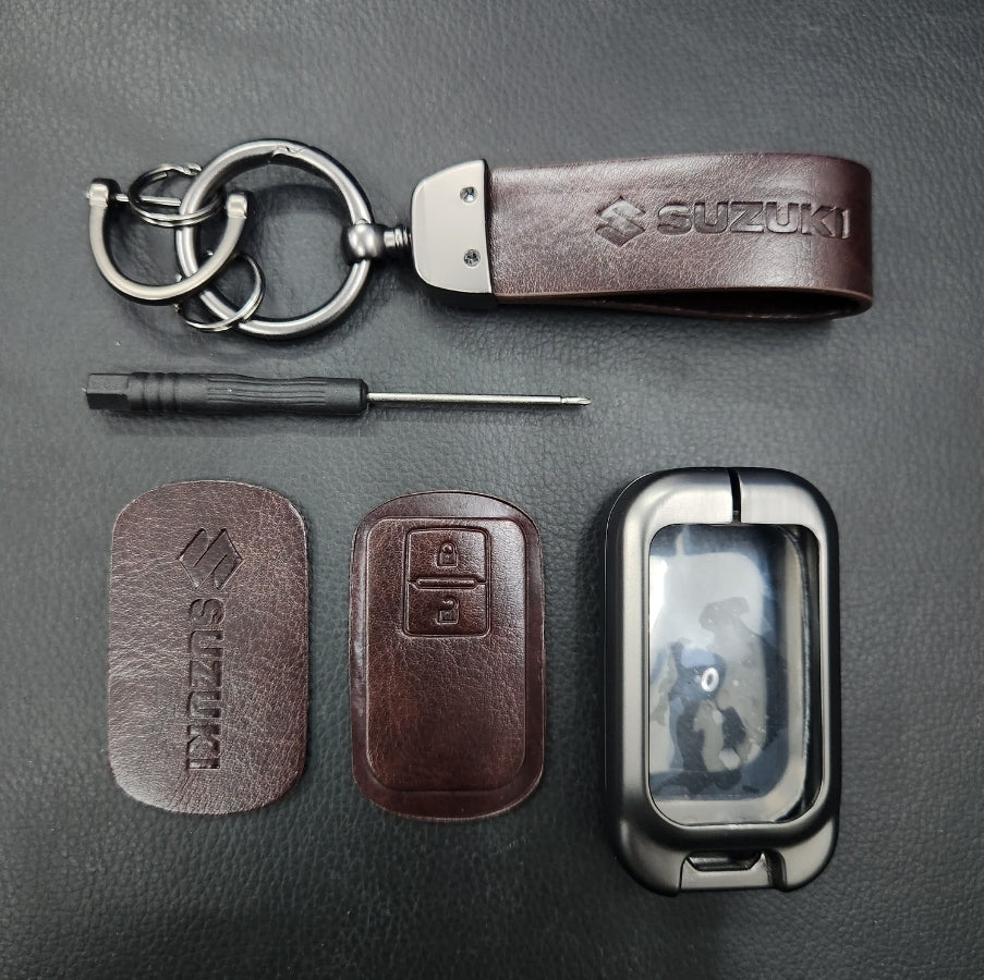 Suzuki 2 Button Key (Baleno, Brezza, S Cross, Swift, Ignis) Luxury Metal Alloy Leather Keycase with Holder & Rope Chain