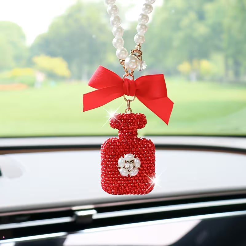 Elegant Black Bow & Pearl Car Hanging Ornament - Sparkling Crystal Perfume Bottle Design, Golden-Tone Metal