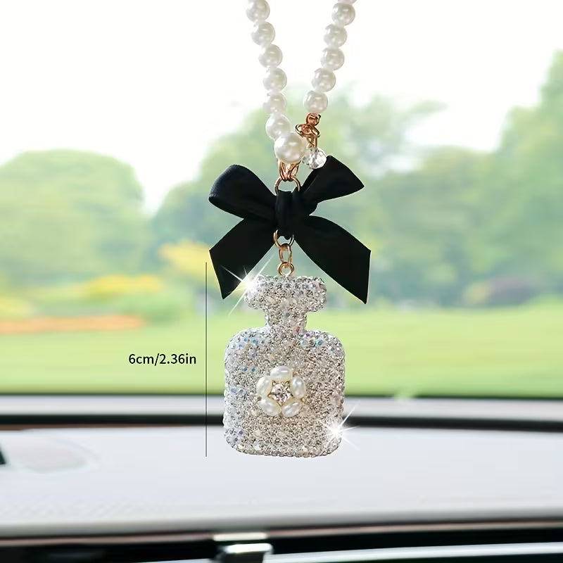 Elegant Black Bow & Pearl Car Hanging Ornament - Sparkling Crystal Perfume Bottle Design, Golden-Tone Metal