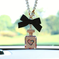 Elegant Black Bow & Pearl Car Hanging Ornament - Sparkling Crystal Perfume Bottle Design, Golden-Tone Metal