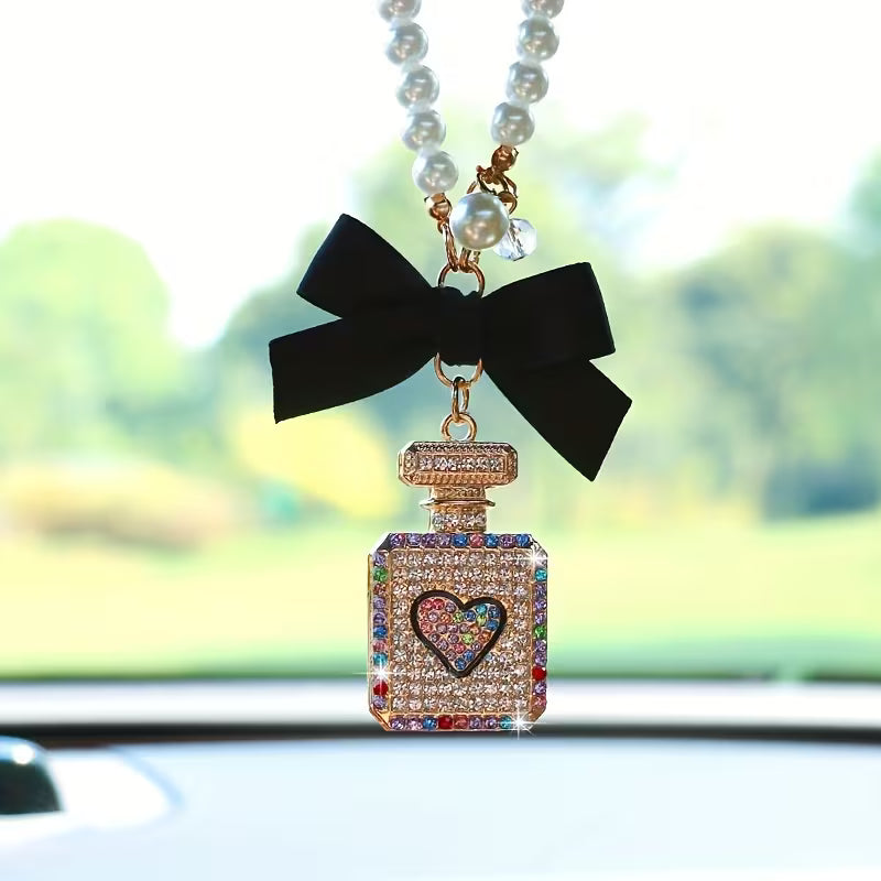 Elegant Black Bow & Pearl Car Hanging Ornament - Sparkling Crystal Perfume Bottle Design, Golden-Tone Metal