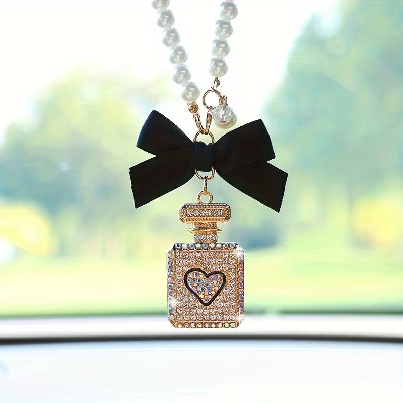 Elegant Black Bow & Pearl Car Hanging Ornament - Sparkling Crystal Perfume Bottle Design, Golden-Tone Metal