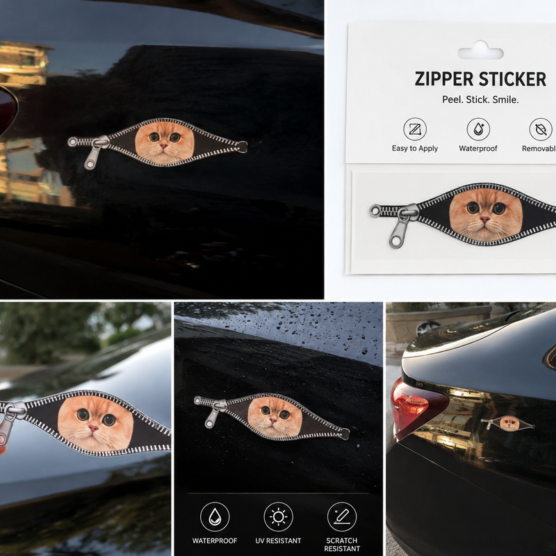 3D Car Zipper Cat Sticker 2 Pcs Set