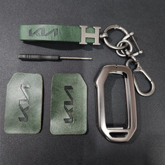 Kia Facelift (Keyless 4 Button Key) Luxury Metal Alloy Leather Keycase with Holder & Rope Chain