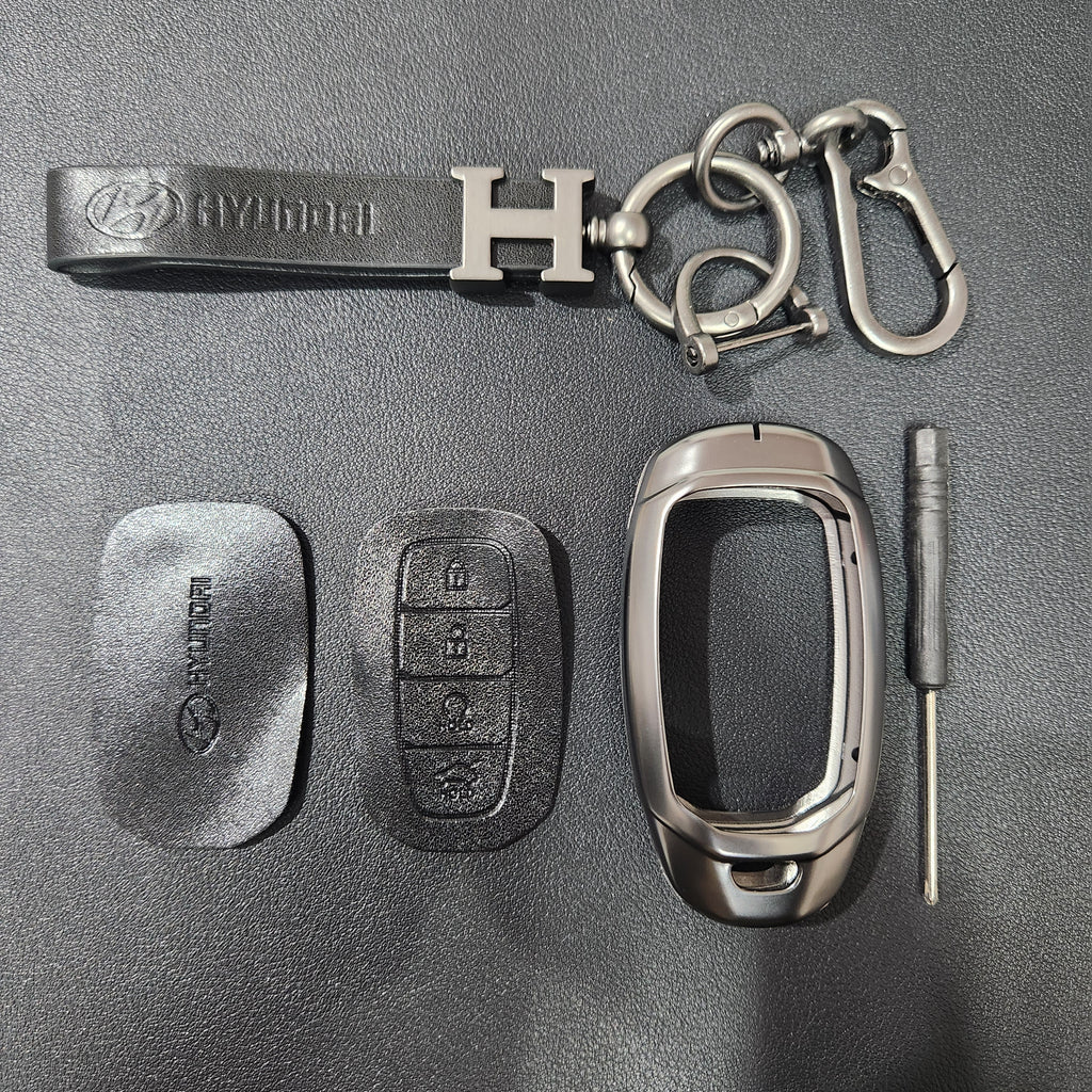 Hyundai Verna (4 Button) Key Luxury Metal Alloy Leather Keycase with Holder & Rope Chain