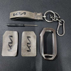 Kia Facelift (Keyless 4 Button Key) Luxury Metal Alloy Leather Keycase with Holder & Rope Chain