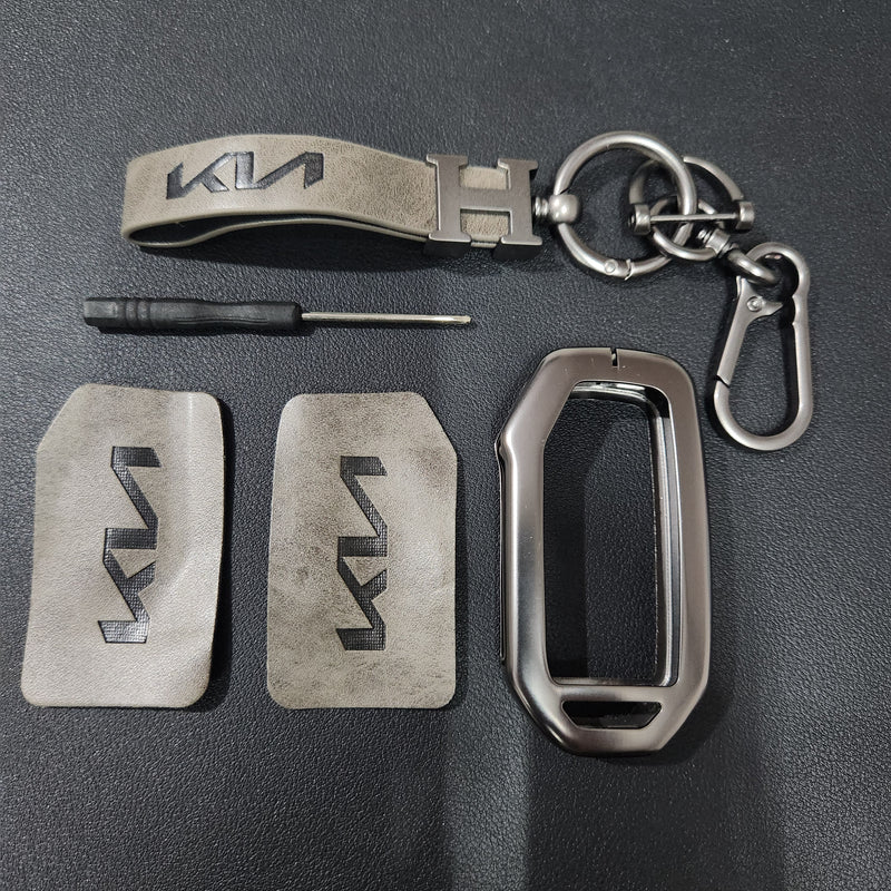 Kia Facelift (Keyless 4 Button Key) Luxury Metal Alloy Leather Keycase with Holder & Rope Chain