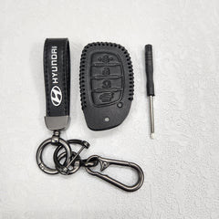 Hyundai Alcazar/Creta/i20 4 Button Key Luxury Pure Handmade Oilwax Leather Keycase with Logo, Caption, Hook, and Chain