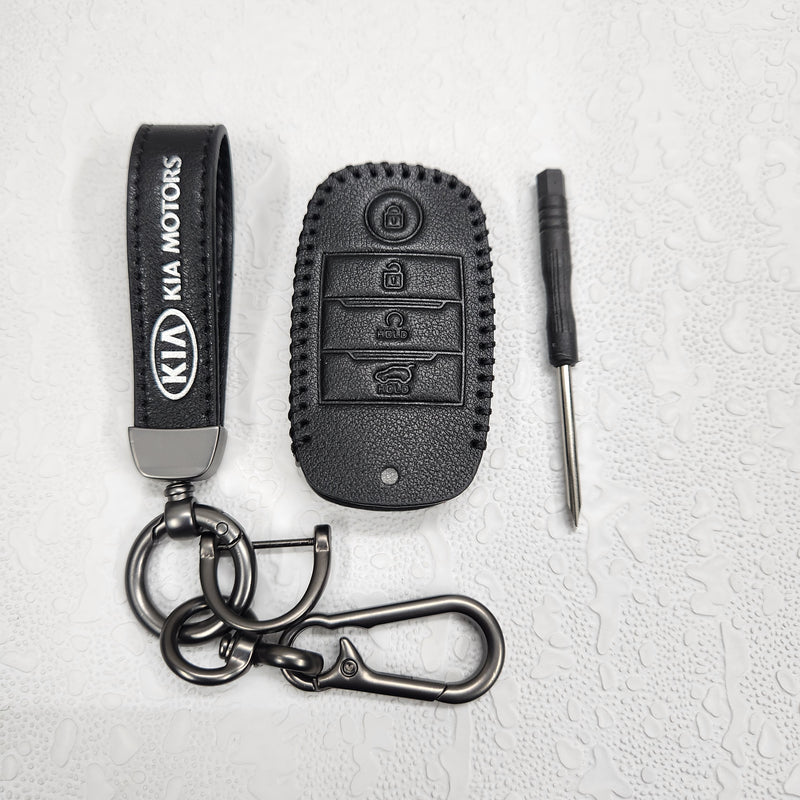 Kia Seltos/Sonet 4 Button Key Luxury Pure Handmade Oilwax Leather Keycase with Logo, Caption, Hook, and Chain