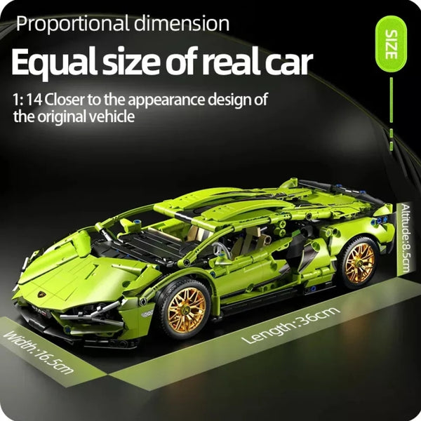 Lamborghini Sian Green Technical Version Building Blocks Car 1299 Pcs, 1:14 Scale