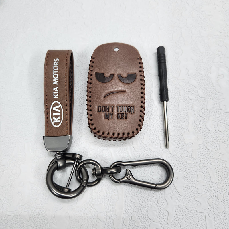 Kia Seltos/Sonet 4 Button Key Luxury Pure Handmade Oilwax Leather Keycase with Logo, Caption, Hook, and Chain
