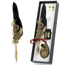 Load image into Gallery viewer, Vintage Carving Glittering Quill Pen Set Antique Calligraphy set Writing Dip Pen with Black Ink, 2 Replacement Nibs, Pen Stand Base, Luxury Signature Pen.