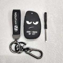 Hyundai Alcazar/Creta/i20 4 Button Key Luxury Pure Handmade Oilwax Leather Keycase with Logo, Caption, Hook, and Chain